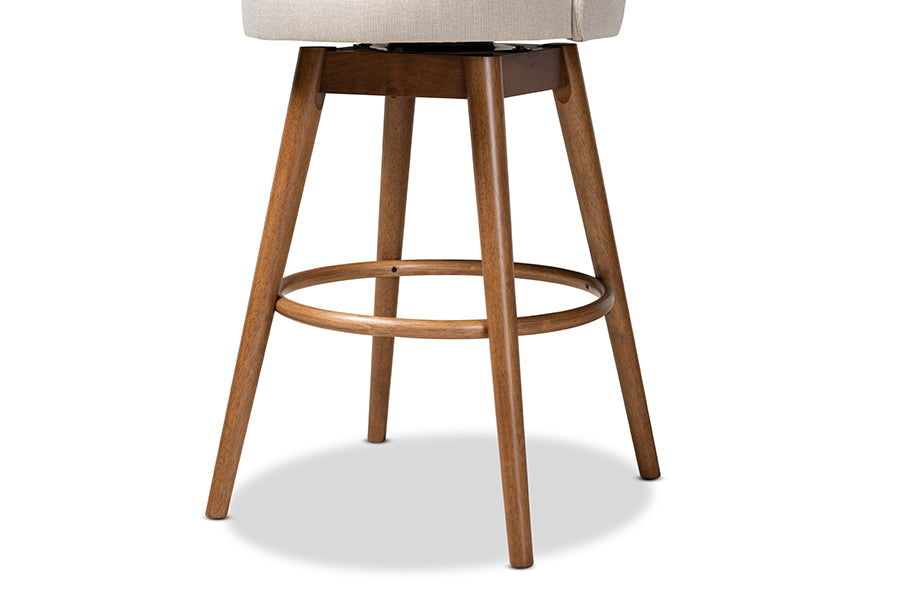 Baxton Studio Carra Mid-Century Modern Light Beige Fabric Upholstered Walnut-Finished Wood Swivel Bar Stool Set of 2 | Bar Stools | Modishstore - 3