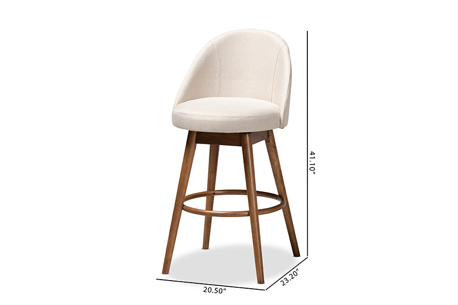 Baxton Studio Carra Mid-Century Modern Light Beige Fabric Upholstered Walnut-Finished Wood Swivel Bar Stool Set of 2 | Bar Stools | Modishstore - 6