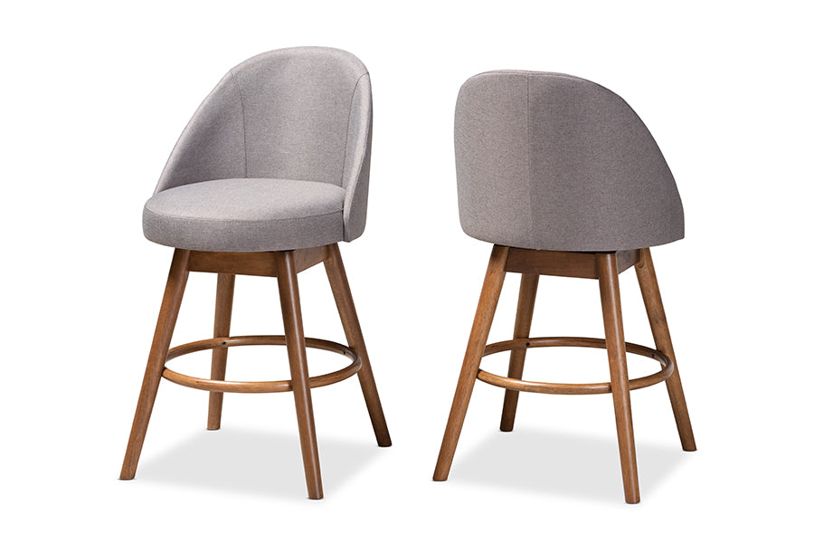 baxton studio carra mid century modern grey fabric upholstered walnut finished wood swivel counter stool set of 2 | Modish Furniture Store-2
