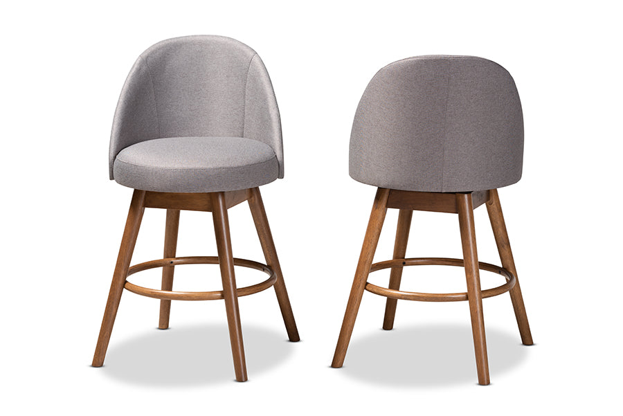 baxton studio carra mid century modern grey fabric upholstered walnut finished wood swivel counter stool set of 2 | Modish Furniture Store-3