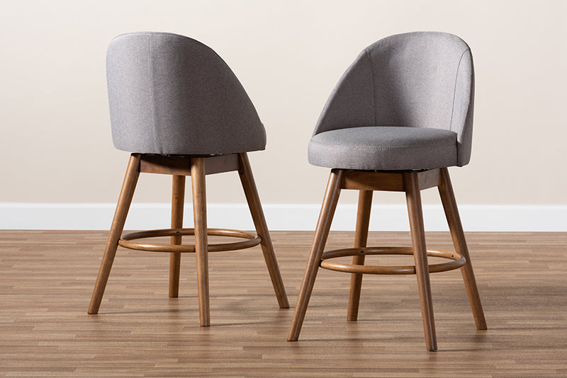 Baxton Studio Carra Mid-Century Modern Grey Fabric Upholstered Walnut-Finished Wood Swivel Counter Stool Set of 2 | Modishstore | Counter Stools