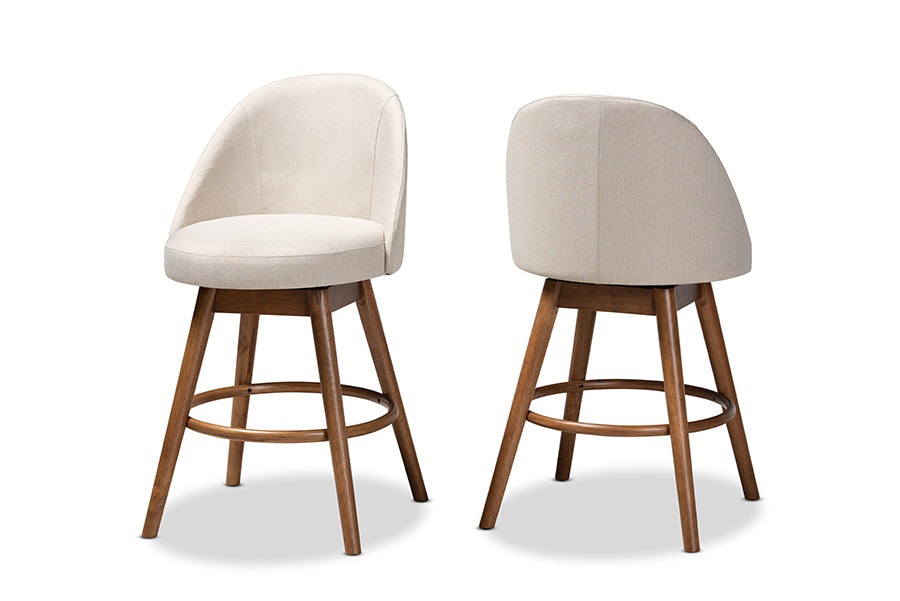 baxton studio carra mid century modern light beige fabric upholstered walnut finished wood swivel counter stool set of 2 | Modish Furniture Store-2
