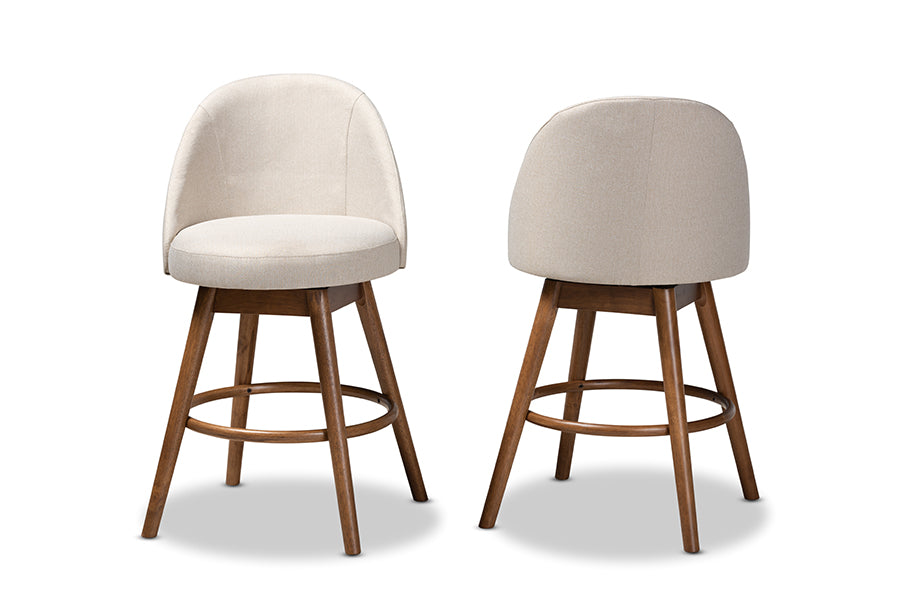 baxton studio carra mid century modern light beige fabric upholstered walnut finished wood swivel counter stool set of 2 | Modish Furniture Store-3