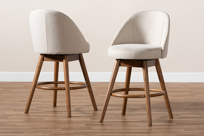 Baxton Studio Carra Mid-Century Modern Light Beige Fabric Upholstered Walnut-Finished Wood Swivel Counter Stool Set of 2 | Modishstore | Counter Stools