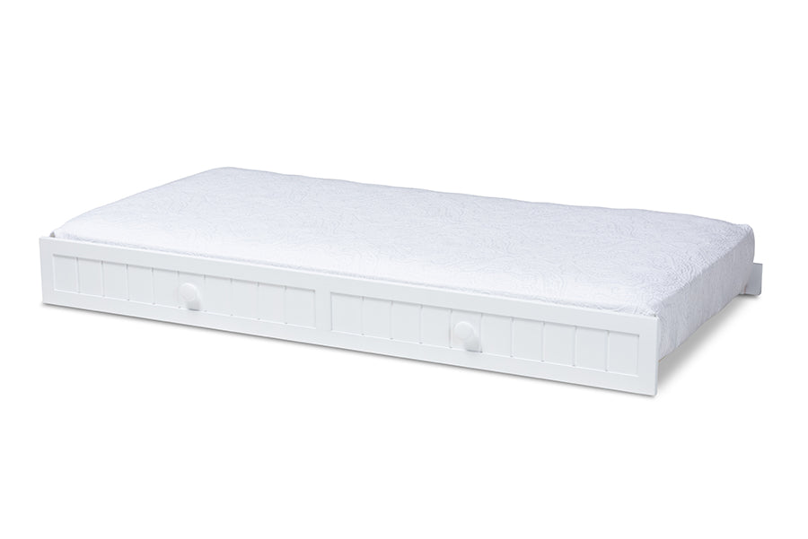 baxton studio neves cottage farmhouse white finished wood twin size trundle | Modish Furniture Store-2