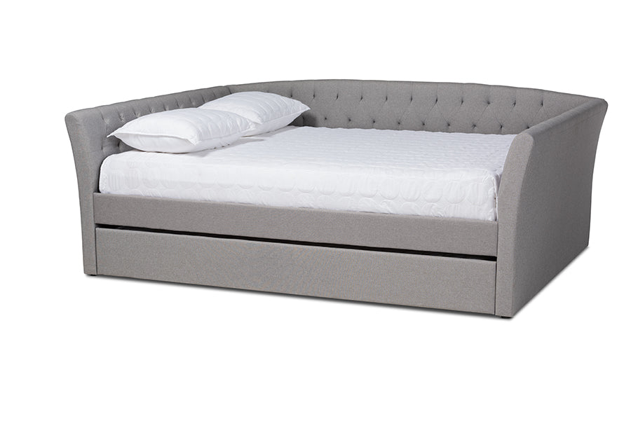 baxton studio delora modern and contemporary light grey fabric upholstered queen size daybed with roll out trundle bed | Modish Furniture Store-2