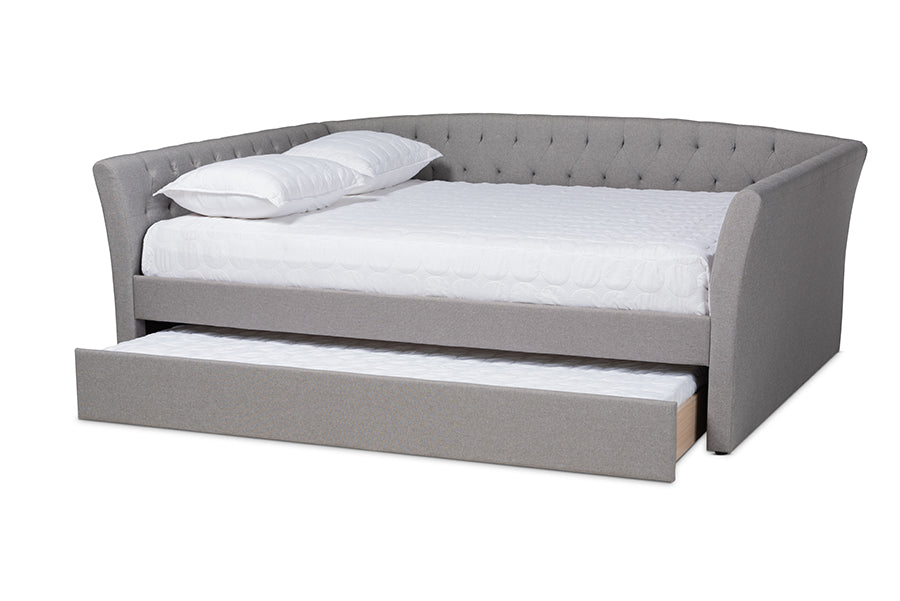 baxton studio delora modern and contemporary light grey fabric upholstered queen size daybed with roll out trundle bed | Modish Furniture Store-3