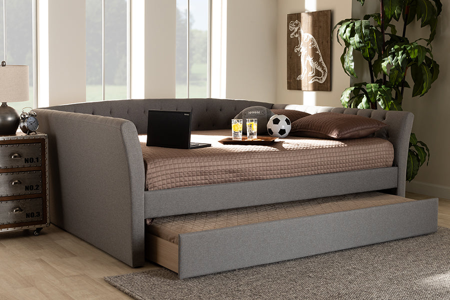 Baxton Studio Delora Modern and Contemporary Light Grey Fabric Upholstered Queen Size Daybed with Roll-Out Trundle Bed | Modishstore | Beds