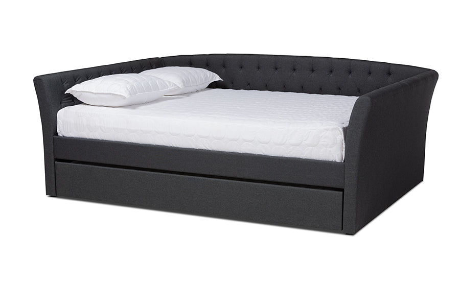baxton studio delora modern and contemporary dark grey fabric upholstered queen size daybed with roll out trundle bed | Modish Furniture Store-2