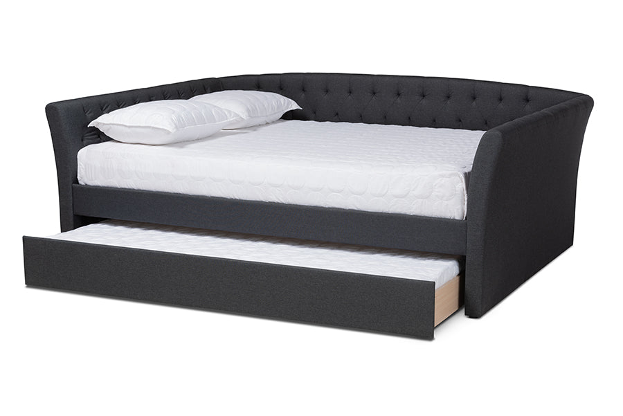 baxton studio delora modern and contemporary dark grey fabric upholstered queen size daybed with roll out trundle bed | Modish Furniture Store-3