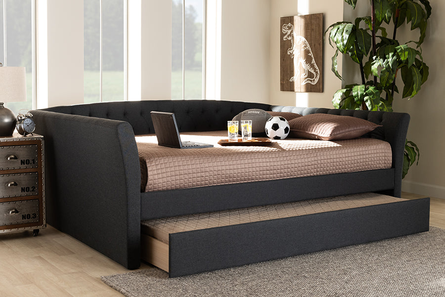Baxton Studio Delora Modern and Contemporary Dark Grey Fabric Upholstered Queen Size Daybed with Roll-Out Trundle Bed | Modishstore | Beds