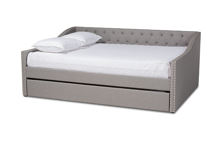 baxton studio haylie modern and contemporary light grey fabric upholstered queen size daybed with roll out trundle bed | Modish Furniture Store-2