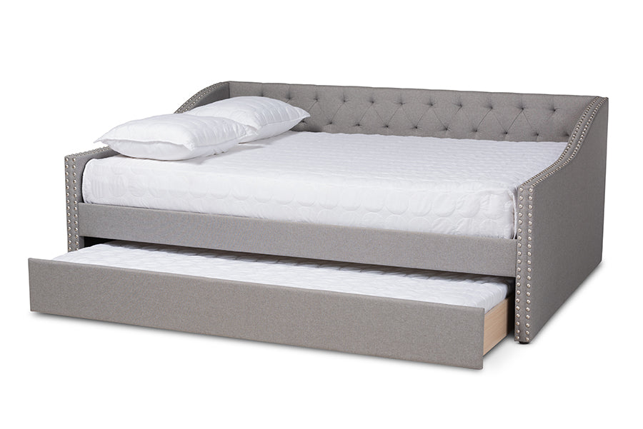 baxton studio haylie modern and contemporary light grey fabric upholstered queen size daybed with roll out trundle bed | Modish Furniture Store-3