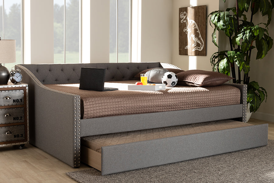 Baxton Studio Haylie Modern and Contemporary Light Grey Fabric Upholstered Queen Size Daybed with Roll-Out Trundle Bed | Modishstore | Beds