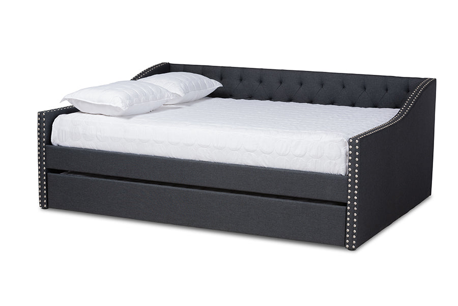 baxton studio haylie modern and contemporary dark grey fabric upholstered full size daybed with roll out trundle bed | Modish Furniture Store-2