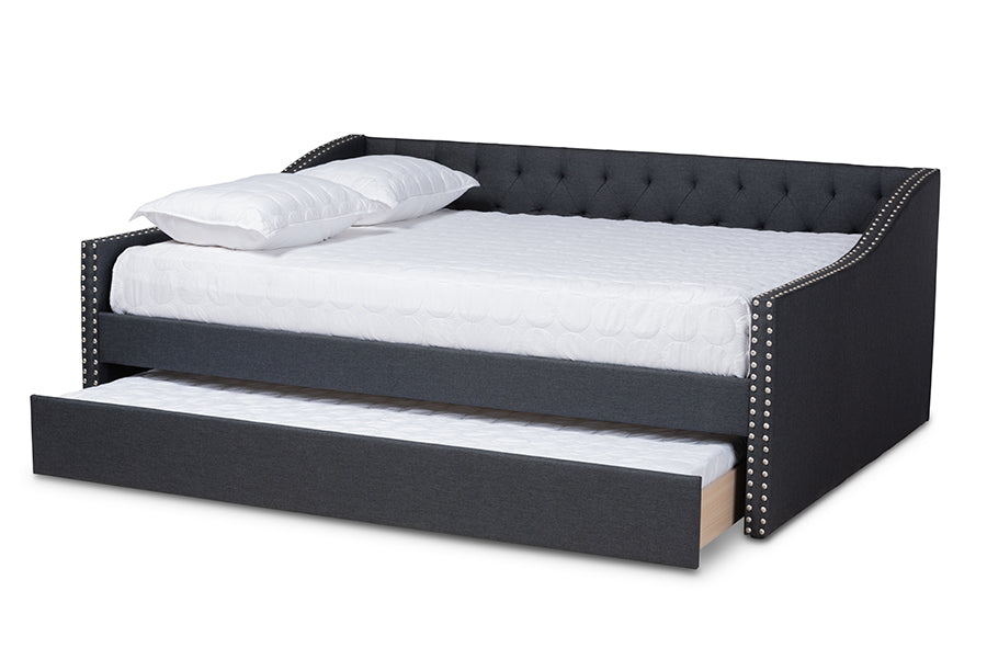 baxton studio haylie modern and contemporary dark grey fabric upholstered full size daybed with roll out trundle bed | Modish Furniture Store-3