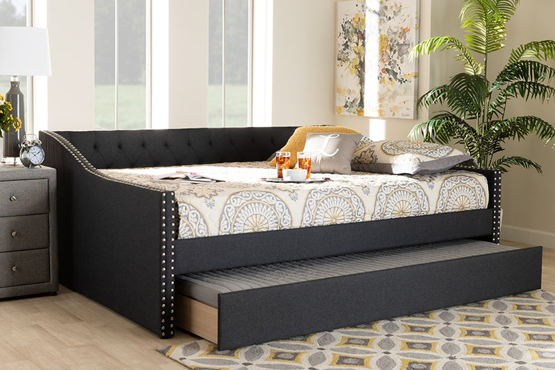 Baxton Studio Haylie Modern and Contemporary Dark Grey Fabric Upholstered Full Size Daybed with Roll-Out Trundle Bed | Modishstore | Beds