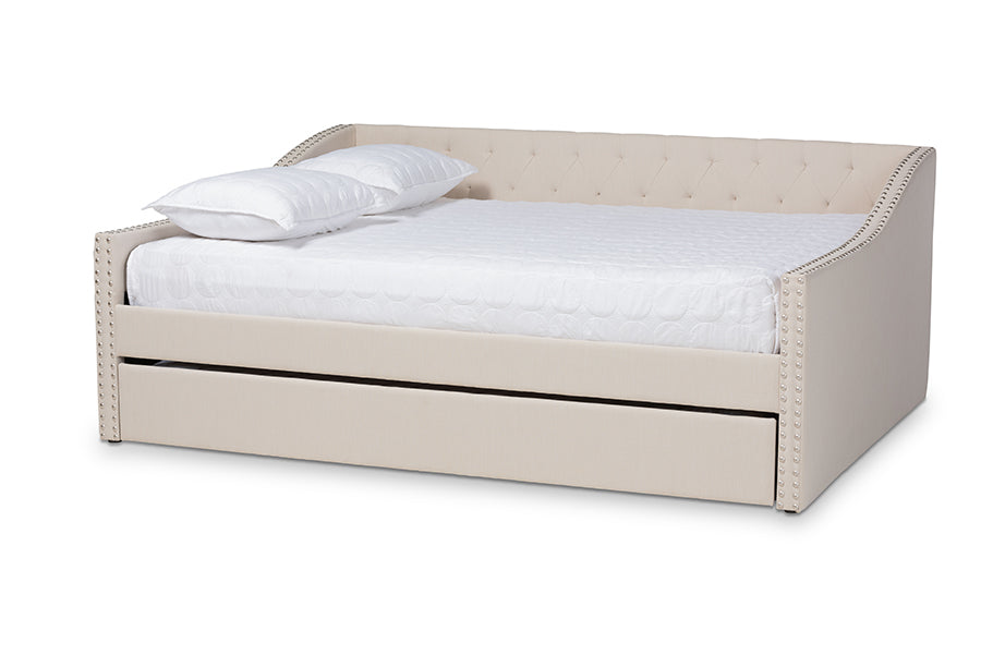baxton studio haylie modern and contemporary beige fabric upholstered full size daybed with roll out trundle bed | Modish Furniture Store-2