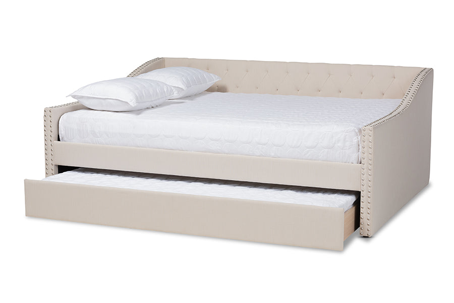 baxton studio haylie modern and contemporary beige fabric upholstered full size daybed with roll out trundle bed | Modish Furniture Store-3