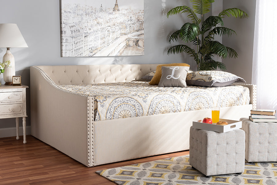 Baxton Studio Haylie Modern and Contemporary Beige Fabric Upholstered Queen Size Daybed | Modishstore | Beds