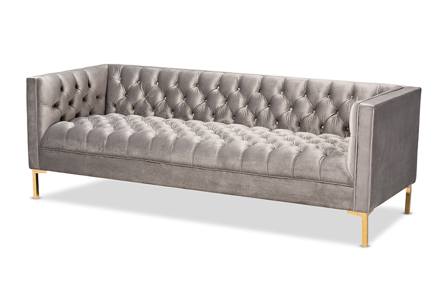 baxton studio zanetta glam and luxe gray velvet upholstered gold finished sofa | Modish Furniture Store-2