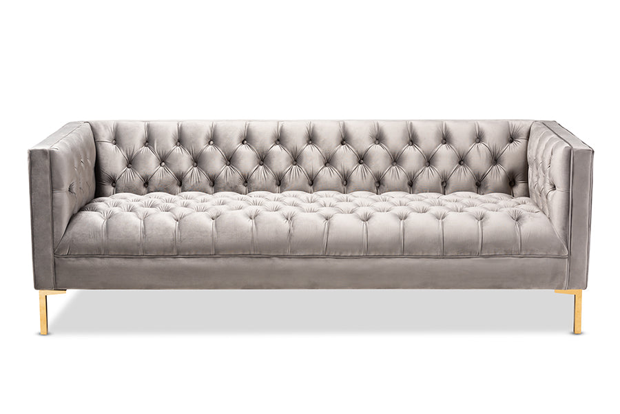 baxton studio zanetta glam and luxe gray velvet upholstered gold finished sofa | Modish Furniture Store-3