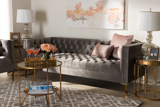 Baxton Studio Zanetta Glam and Luxe Gray Velvet Upholstered Gold Finished Sofa | Modishstore | Sofas