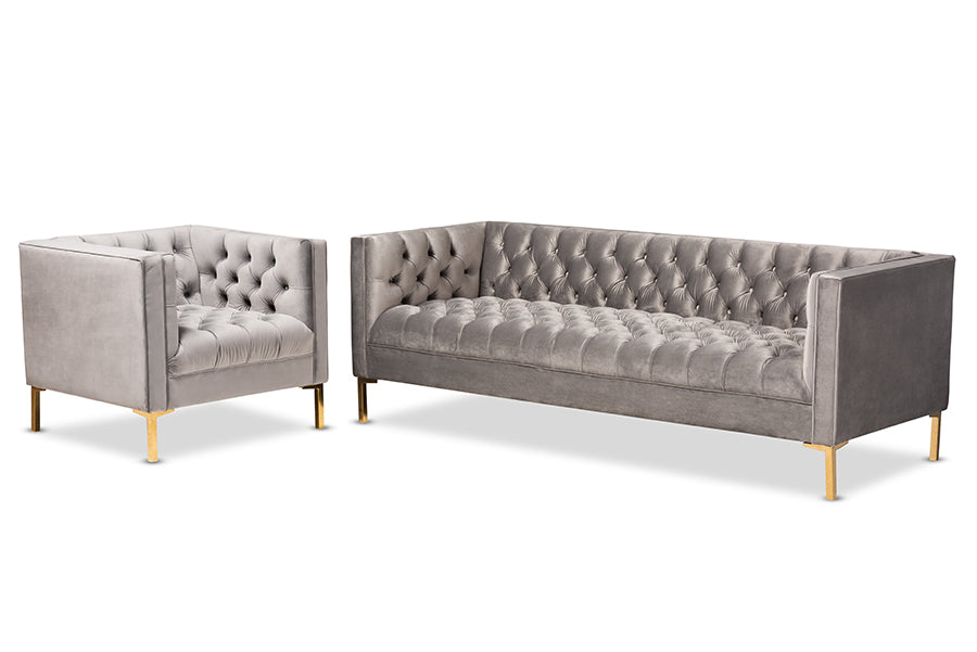 baxton studio zanetta glam and luxe gray velvet upholstered gold finished 2 piece sofa and lounge chair set | Modish Furniture Store-2