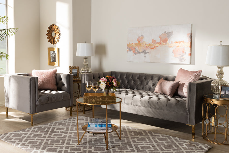 Baxton Studio Zanetta Glam and Luxe Gray Velvet Upholstered Gold Finished 2-Piece Sofa and Lounge Chair Set | Modishstore | Sofas