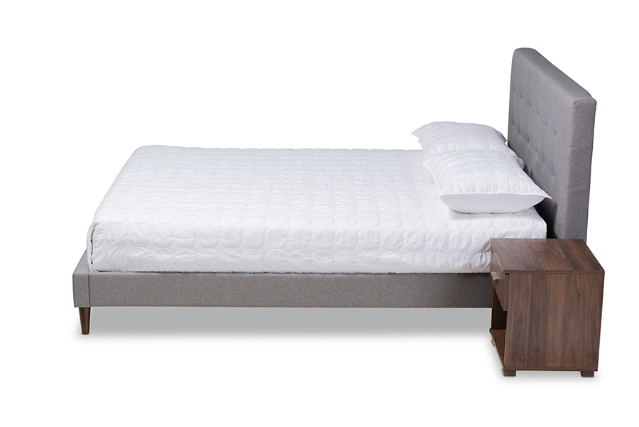 baxton studio maren mid century modern light grey fabric upholstered queen size platform bed with two nightstands | Modish Furniture Store-3