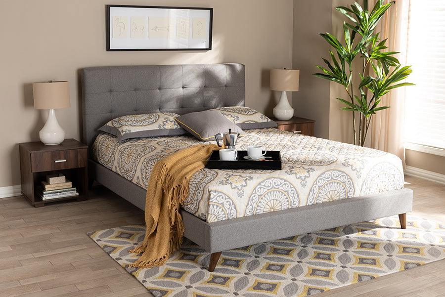 Baxton Studio Maren Mid-Century Modern Light Grey Fabric Upholstered Full Size Platform Bed with Two Nightstands | Modishstore | Beds