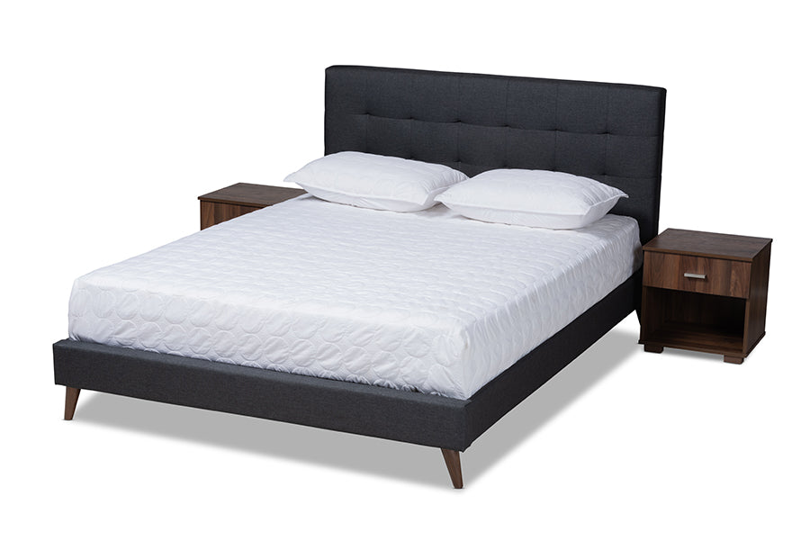 baxton studio maren mid century modern dark grey fabric upholstered queen size platform bed with two nightstands | Modish Furniture Store-2