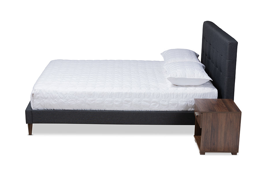 baxton studio maren mid century modern dark grey fabric upholstered queen size platform bed with two nightstands | Modish Furniture Store-3