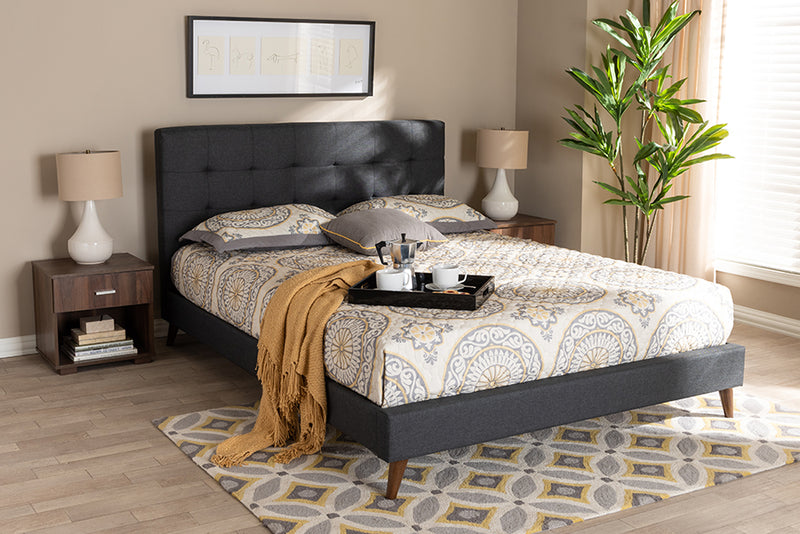 Baxton Studio Maren Mid-Century Modern Dark Grey Fabric Upholstered Full Size Platform Bed with Two Nightstands | Modishstore | Beds