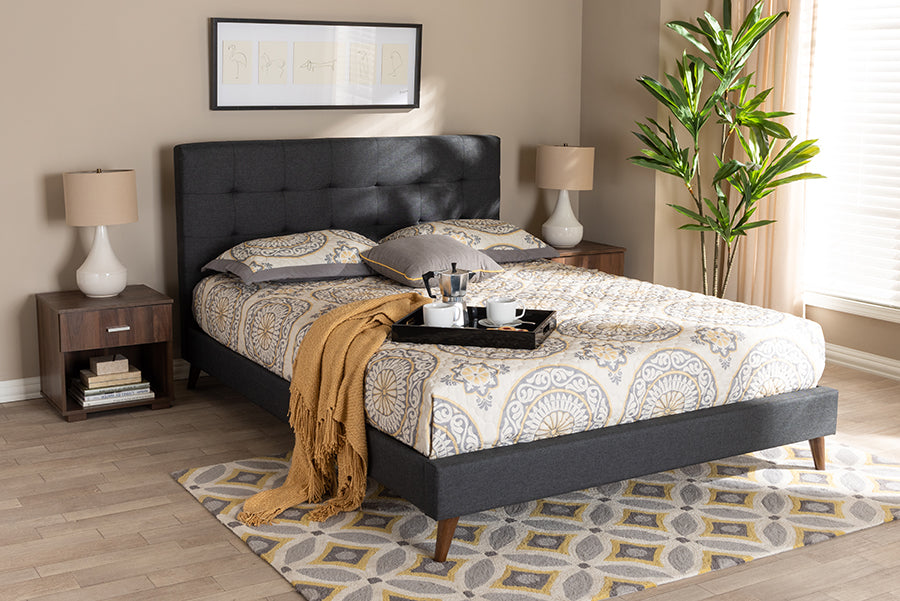 Baxton Studio Maren Mid-Century Modern Dark Grey Fabric Upholstered Queen Size Platform Bed with Two Nightstands | Modishstore | Beds