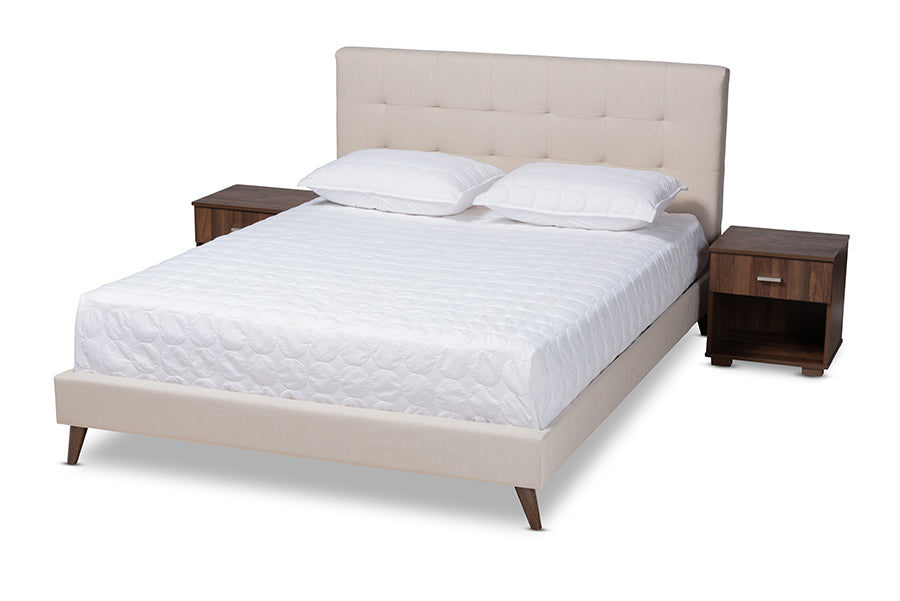 baxton studio maren mid century modern beige fabric upholstered queen size platform bed with two nightstands | Modish Furniture Store-2