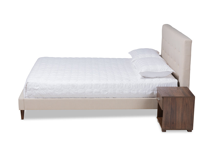 baxton studio maren mid century modern beige fabric upholstered queen size platform bed with two nightstands | Modish Furniture Store-3