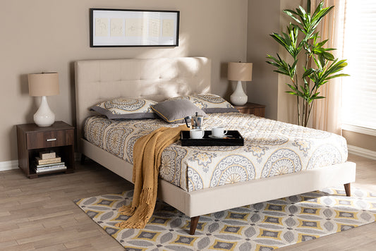 Baxton Studio Maren Mid-Century Modern Beige Fabric Upholstered Queen Size Platform Bed with Two Nightstands | Modishstore | Beds