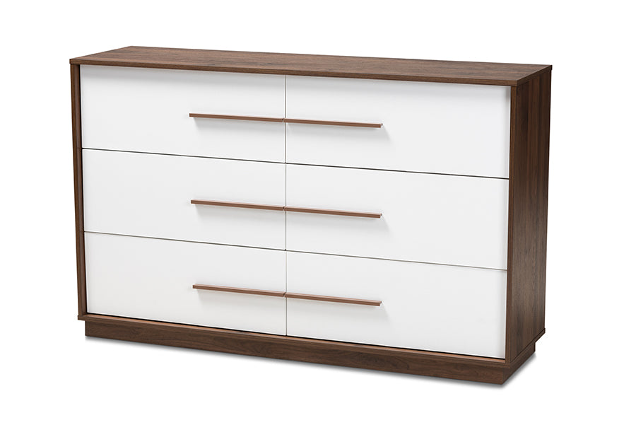 baxton studio mette mid century modern white and walnut finished 6 drawer wood dresser | Modish Furniture Store-2