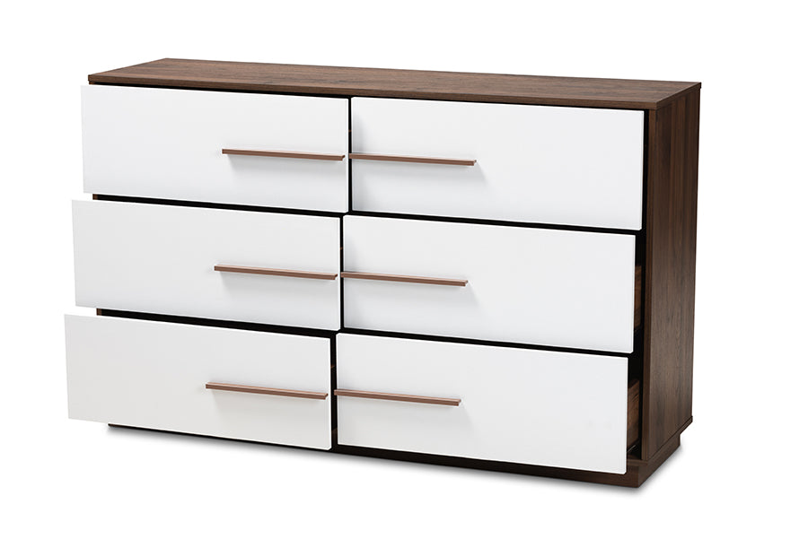 baxton studio mette mid century modern white and walnut finished 6 drawer wood dresser | Modish Furniture Store-3
