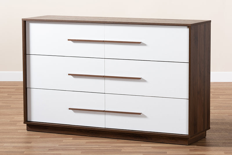 Baxton Studio Mette Mid-Century Modern White and Walnut Finished 6-Drawer Wood Dresser | Modishstore | Drawers