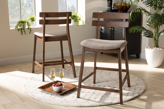 Baxton Studio Larine Modern and Contemporary Light Grey Fabric Upholstered Walnut Finished 2-Piece Wood Counter Stool Set | Modishstore | Counter Stools