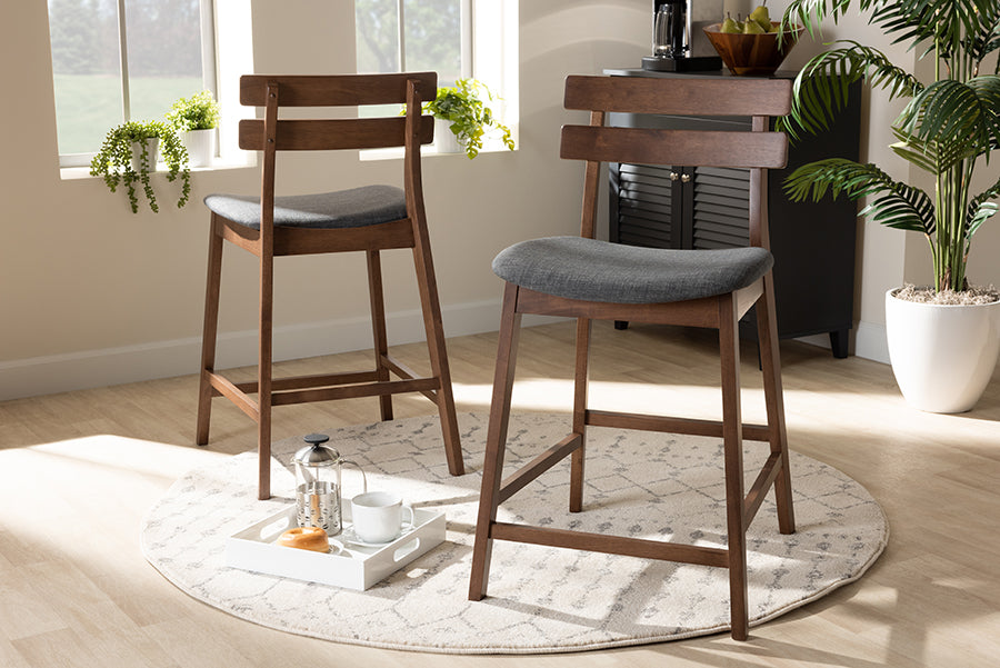 Baxton Studio Larine Dark Grey Fabric 2-Piece Wood Counter Stool Set | Counter Stools | Modishstore - 2
