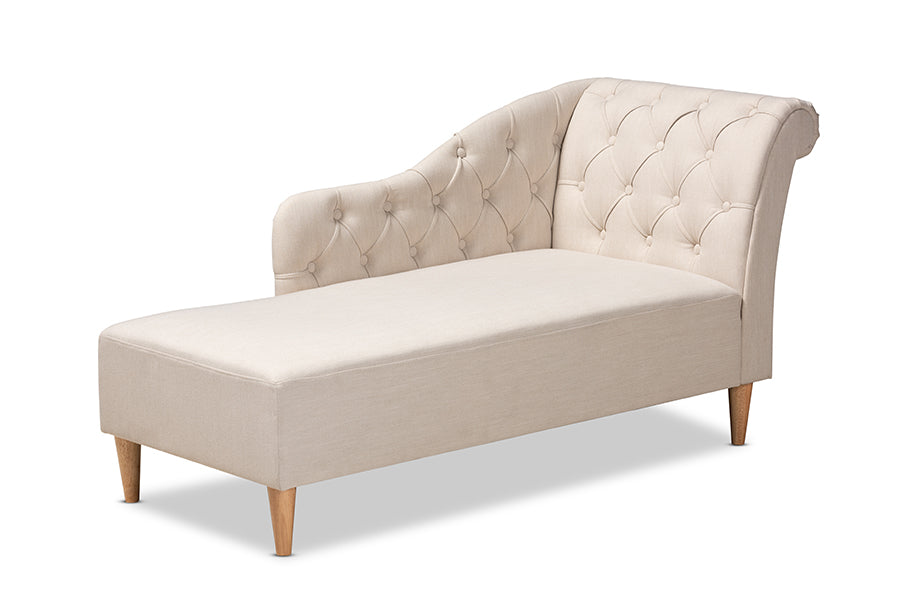 baxton studio emeline modern and contemporary beige fabric upholstered oak finished chaise lounge | Modish Furniture Store-2
