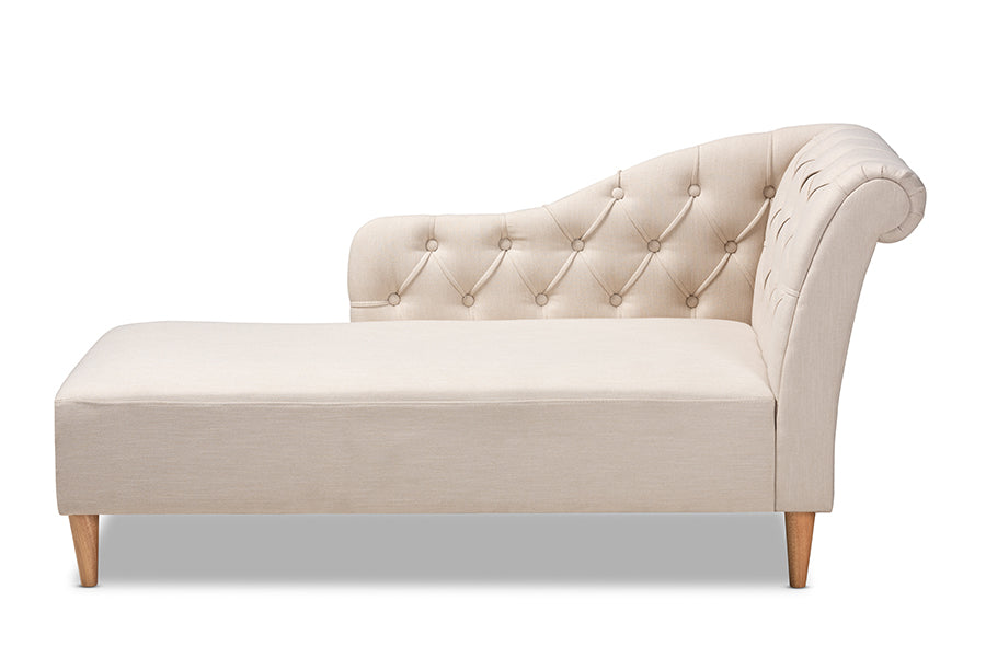 baxton studio emeline modern and contemporary beige fabric upholstered oak finished chaise lounge | Modish Furniture Store-3