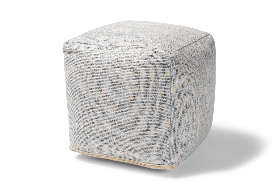 baxton studio juvita modern and contemporary ivory and blue handwoven cotton paisley pouf ottoman | Modish Furniture Store-2