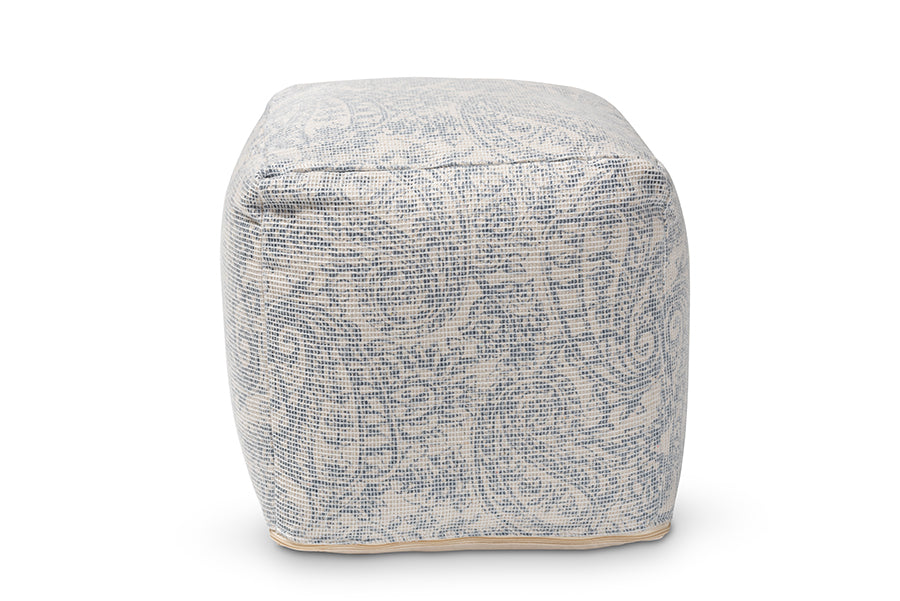 baxton studio juvita modern and contemporary ivory and blue handwoven cotton paisley pouf ottoman | Modish Furniture Store-3