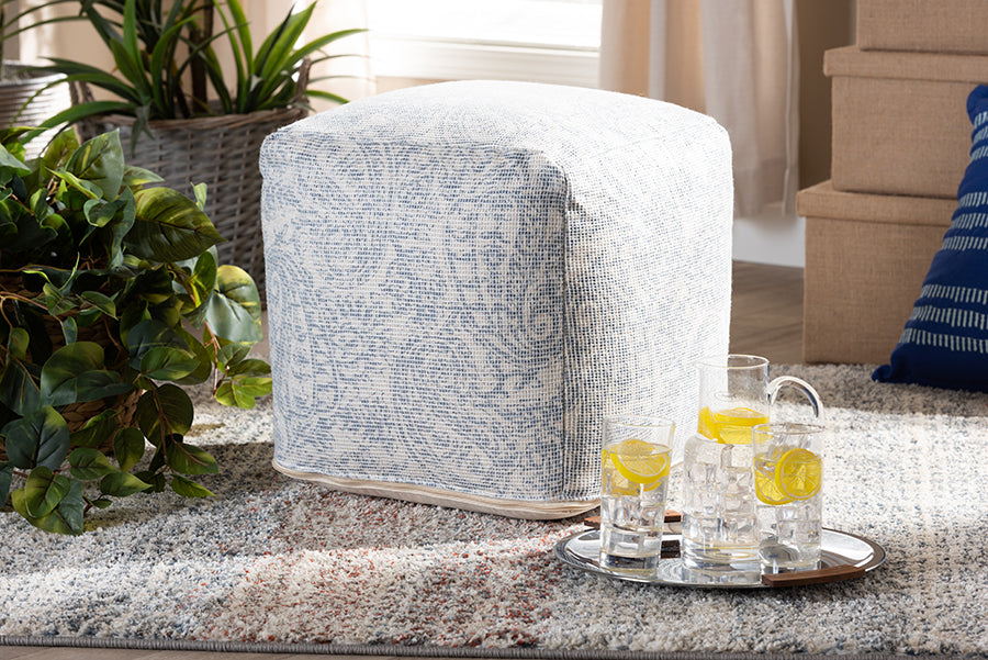 Baxton Studio Juvita Modern and Contemporary Ivory and Blue Handwoven Cotton Paisley Pouf Ottoman | Modishstore | Ottomans