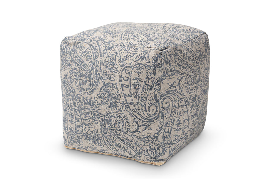 baxton studio juvita modern and contemporary grey and blue handwoven cotton paisley pouf ottoman | Modish Furniture Store-2