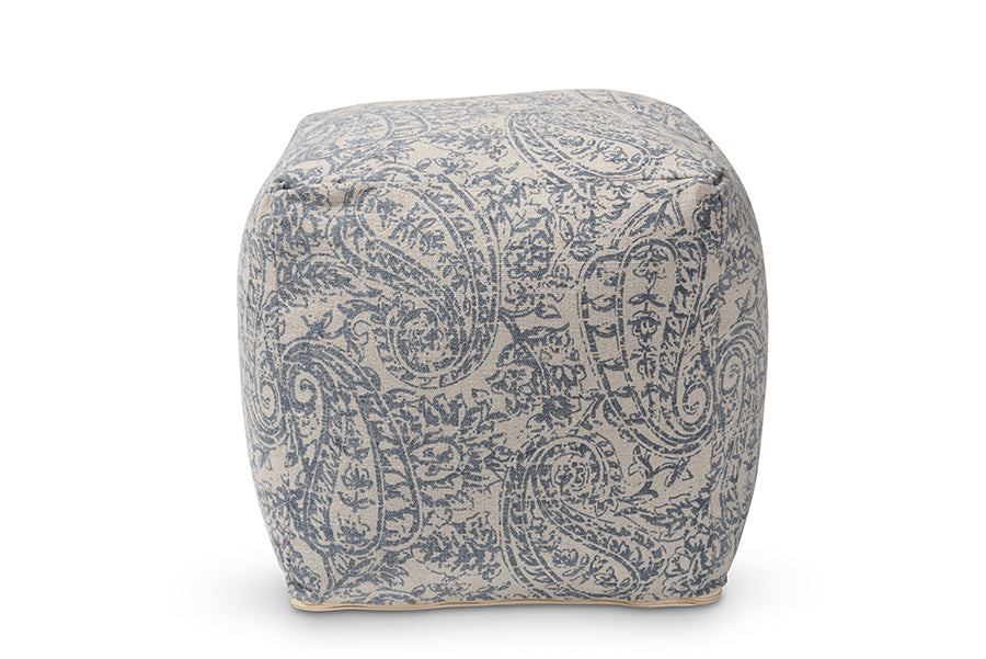 baxton studio juvita modern and contemporary grey and blue handwoven cotton paisley pouf ottoman | Modish Furniture Store-3